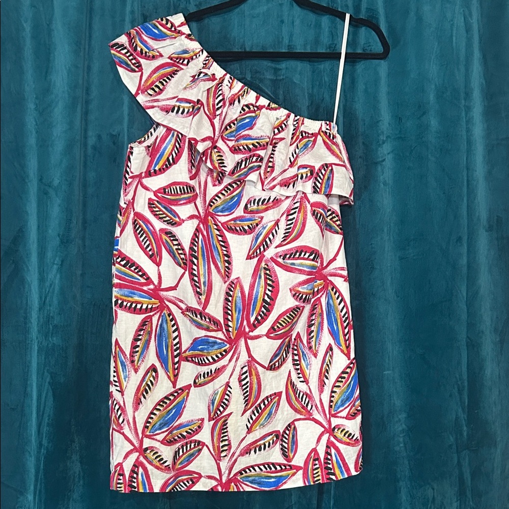 EUC J. Crew One-Shoulder Dress with Vibrant Leaf Design - Pink, Blue, Black